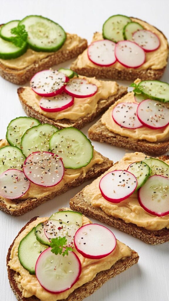 Open sandwiches with hummus, cucumber, and radish on whole grain bread, sprinkled with pepper. Healthy, vegan snack.