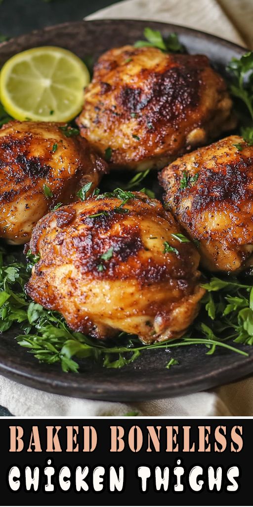 Baked boneless chicken thighs with herbs and lemon slice on a plate, garnished with fresh parsley.