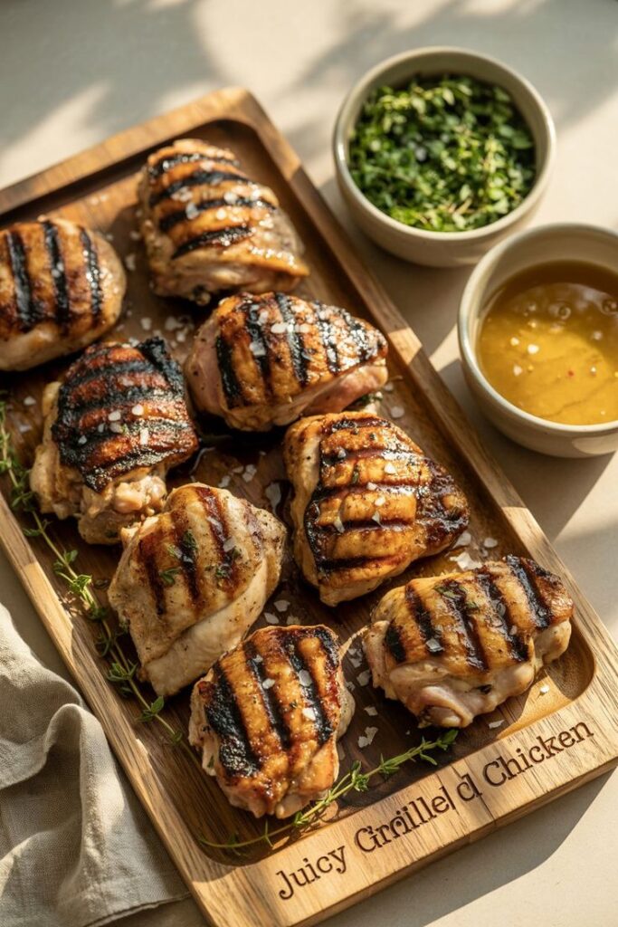 Grilled chicken thighs on a wooden platter with herbs and sauce bowls, sprinkled with sea salt.