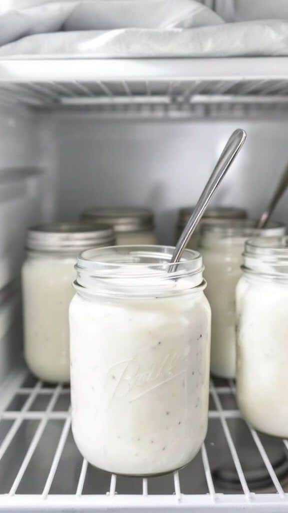 Jars of creamy homemade yogurt in a fridge with silver spoons, perfect for a refreshing and healthy snack.
