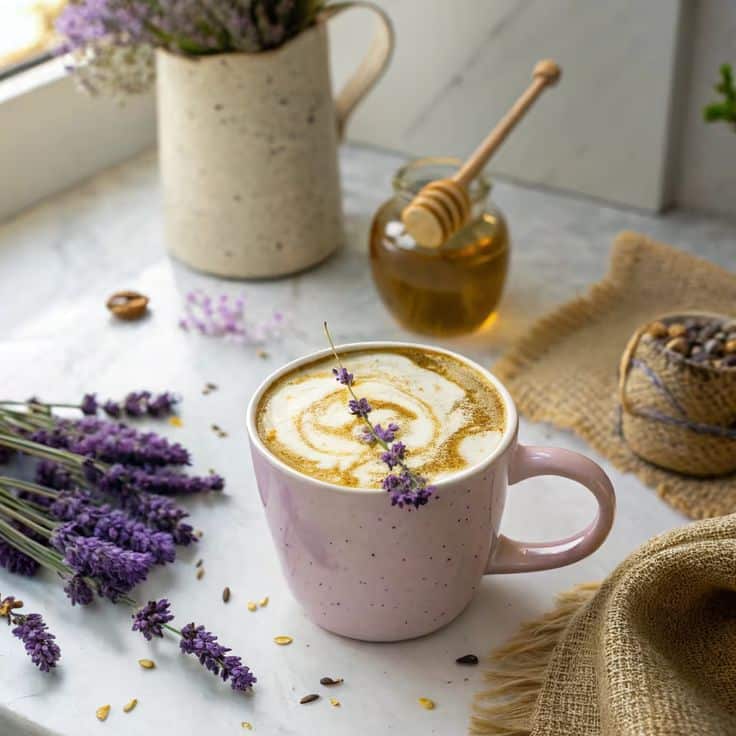 Lavender latte in a pink mug with honey jar, herbs, and dried flowers on a marble countertop. Cozy cafe vibes.