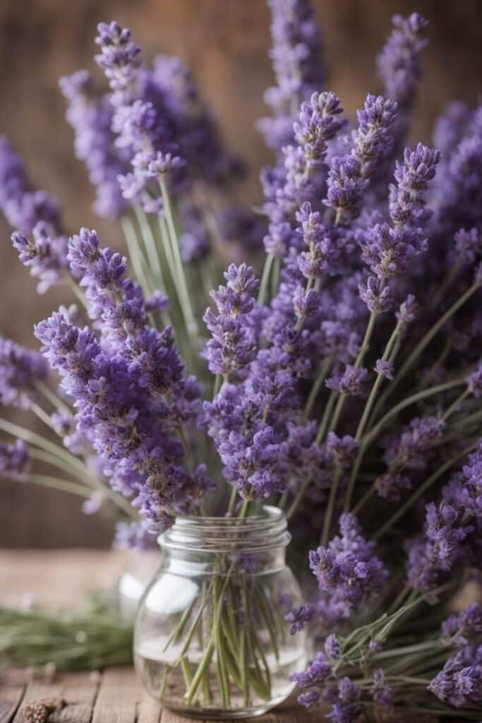 Lavender flowers in a glass jar on a rustic wooden table, conveying a fragrant and calming atmosphere.