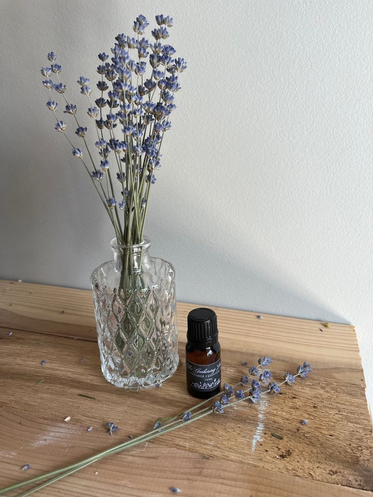 Lavender bouquet in a vase with essential oil bottle on wooden table, creating a calming, aromatic atmosphere.