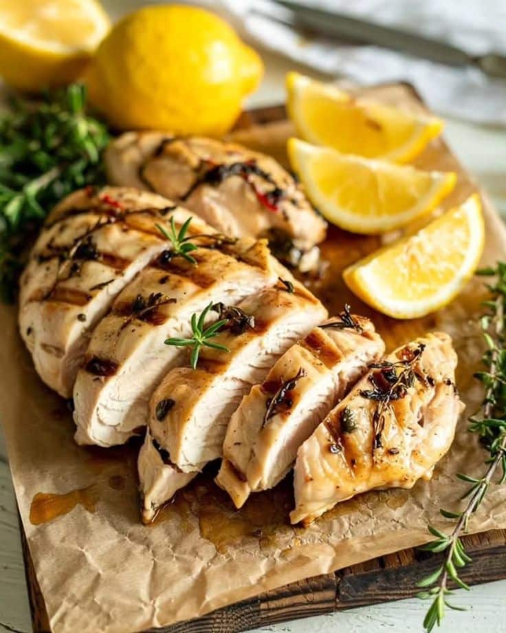 Sliced grilled chicken breast with herbs and lemon wedges on a wooden board. Perfect for a healthy meal.