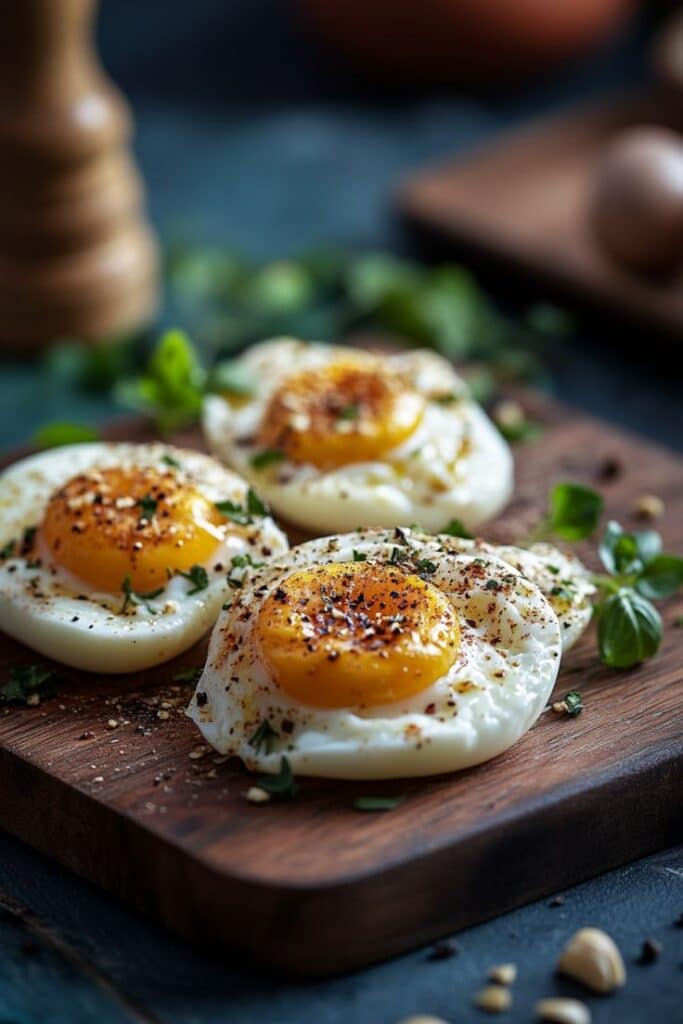 Sunny side up eggs with herbs and spices on a wooden board, garnished with fresh greens.