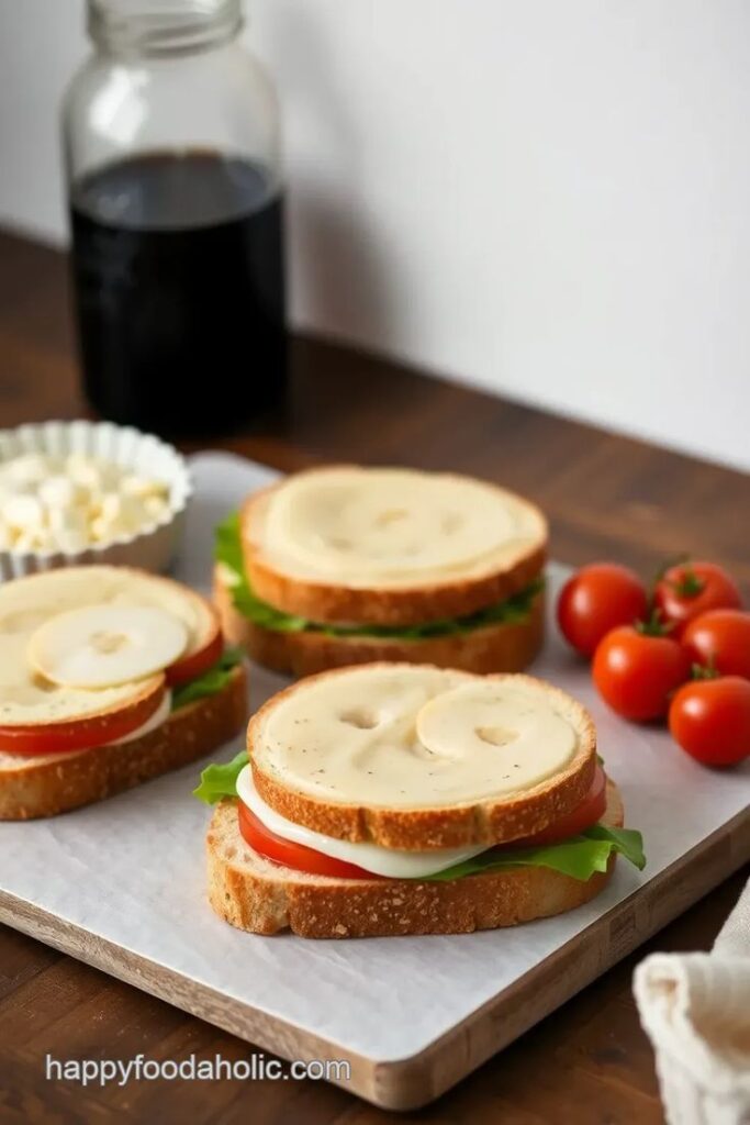 Three fresh vegetable and cheese sandwiches on a tray with cherry tomatoes and a bottle of balsamic vinegar nearby.