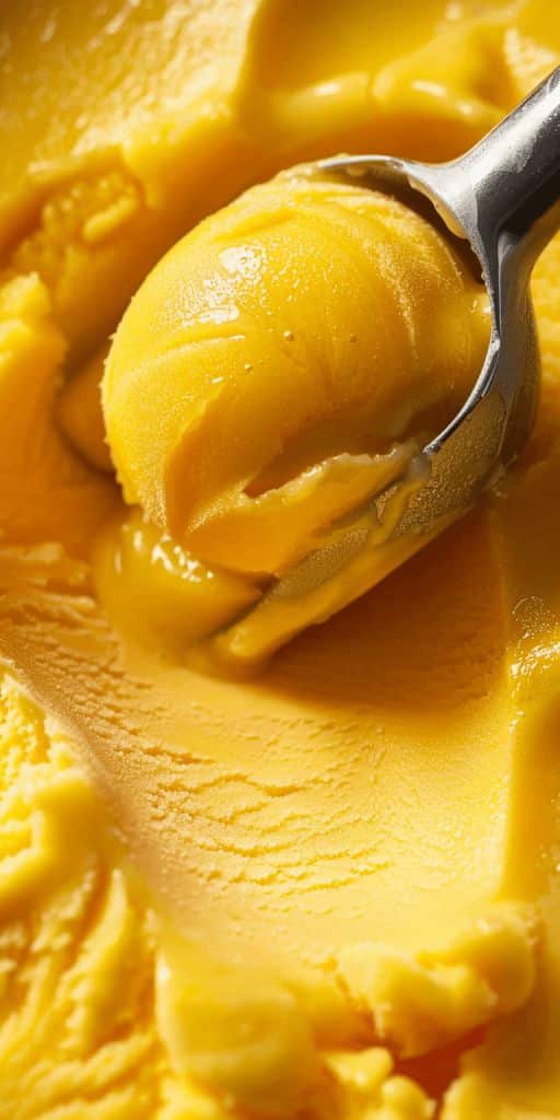 Spoon scooping creamy mango ice cream, highlighting its rich, golden texture and delicious flavor.
