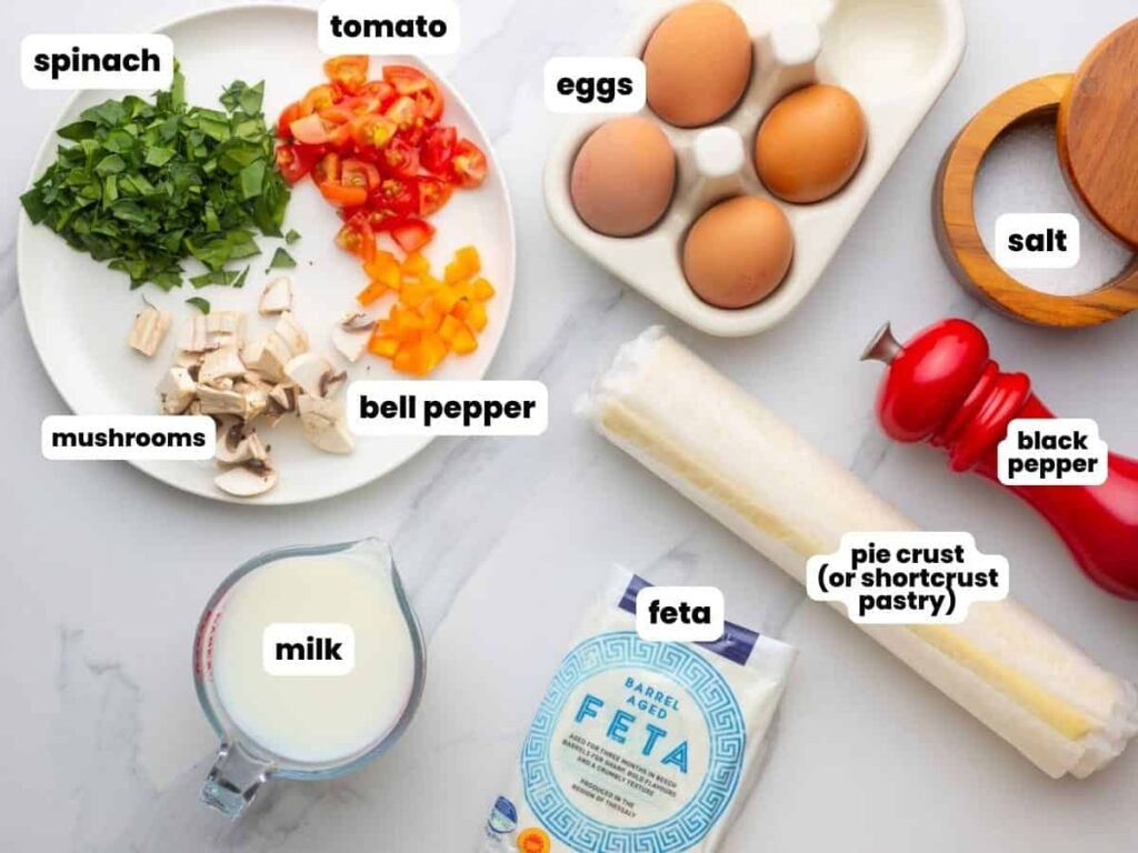 Ingredients for quiche: spinach, tomato, eggs, mushrooms, bell pepper, milk, feta, pie crust, salt, black pepper.