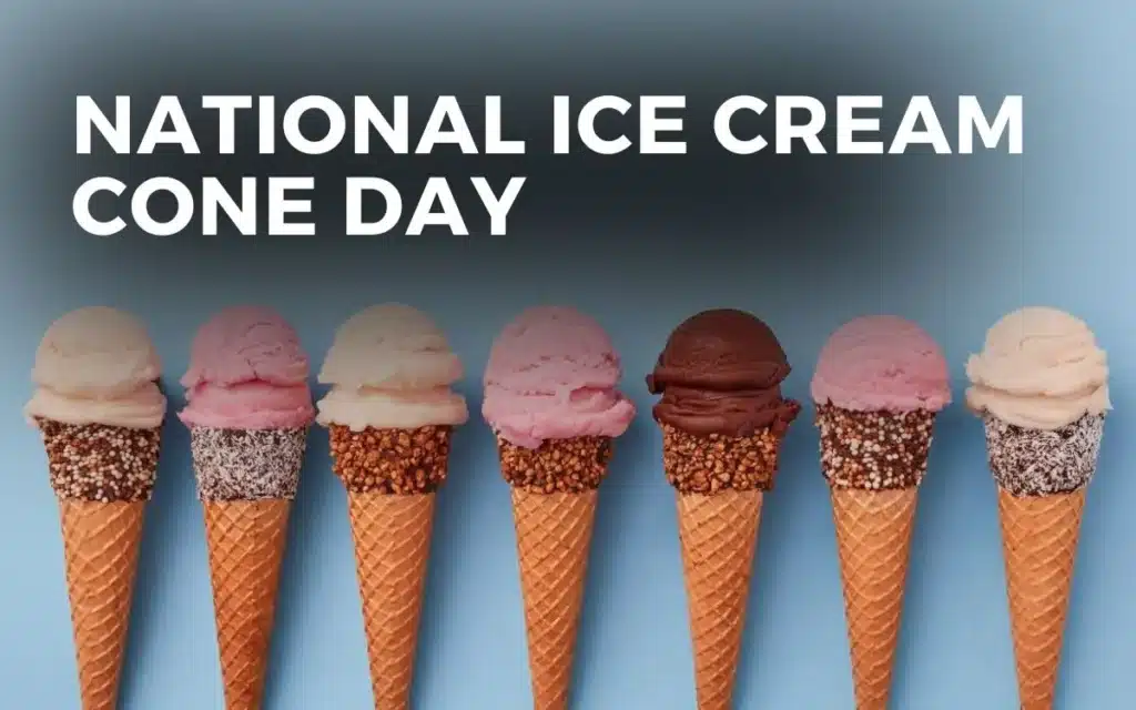 Eight colorful ice cream cones with different toppings for National Ice Cream Cone Day celebration.