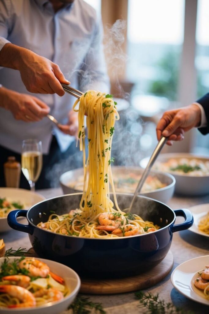 People serving steaming shrimp pasta with herbs at a gathering, with wine in the background.