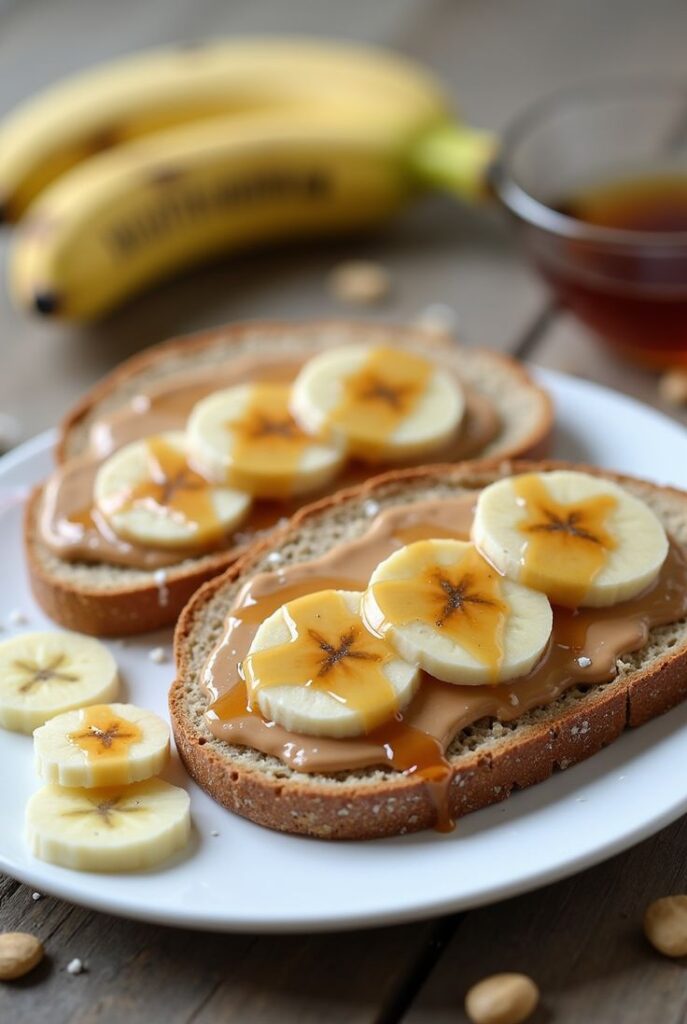 Peanut butter and banana toast with honey drizzle on a plate, bananas in background. Perfect healthy breakfast.