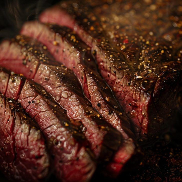 Sliced juicy steak seasoned with pepper, cooked to medium-rare, showcasing a perfectly seared crust and tender interior.