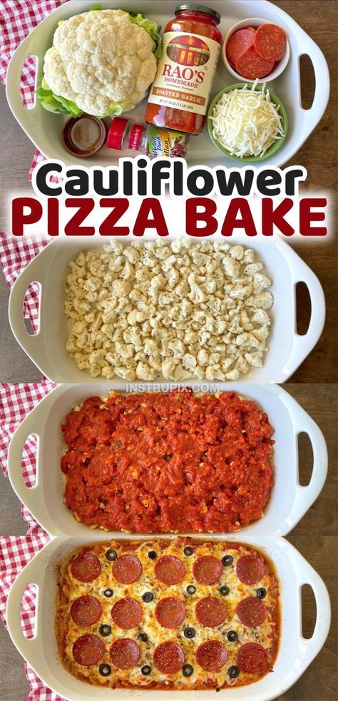 Cauliflower pizza bake recipe with step-by-step images—cauliflower, sauce, cheese, and pepperoni in a white dish.