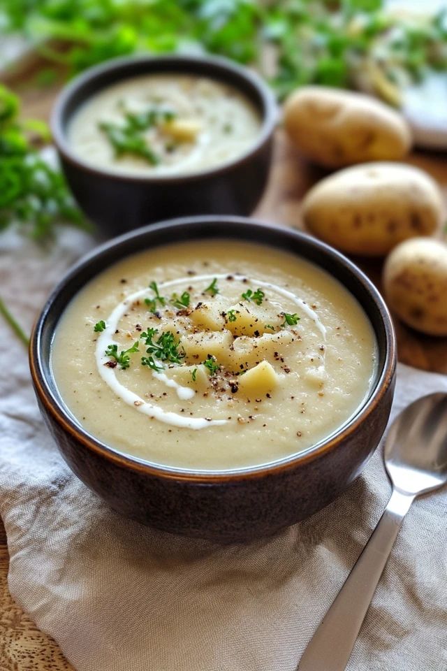 Creamy potato soup garnished with herbs and pepper in a bowl, with fresh potatoes and a spoon on the side.