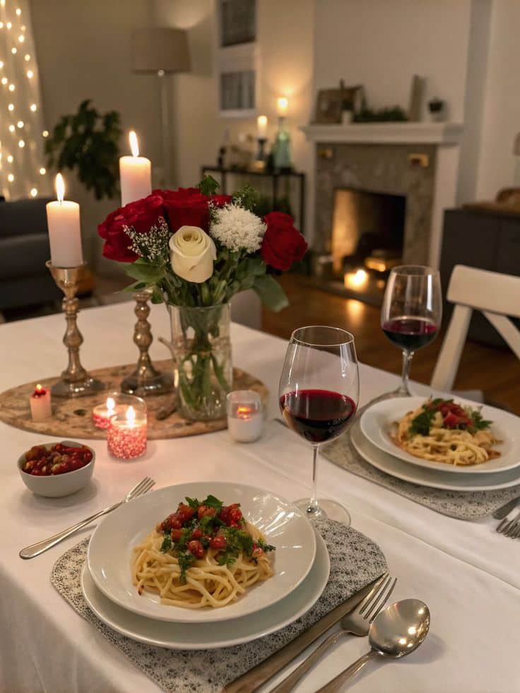Romantic dinner setting with pasta, red wine, roses, and candles by a cozy fireplace. Perfect for a date night.