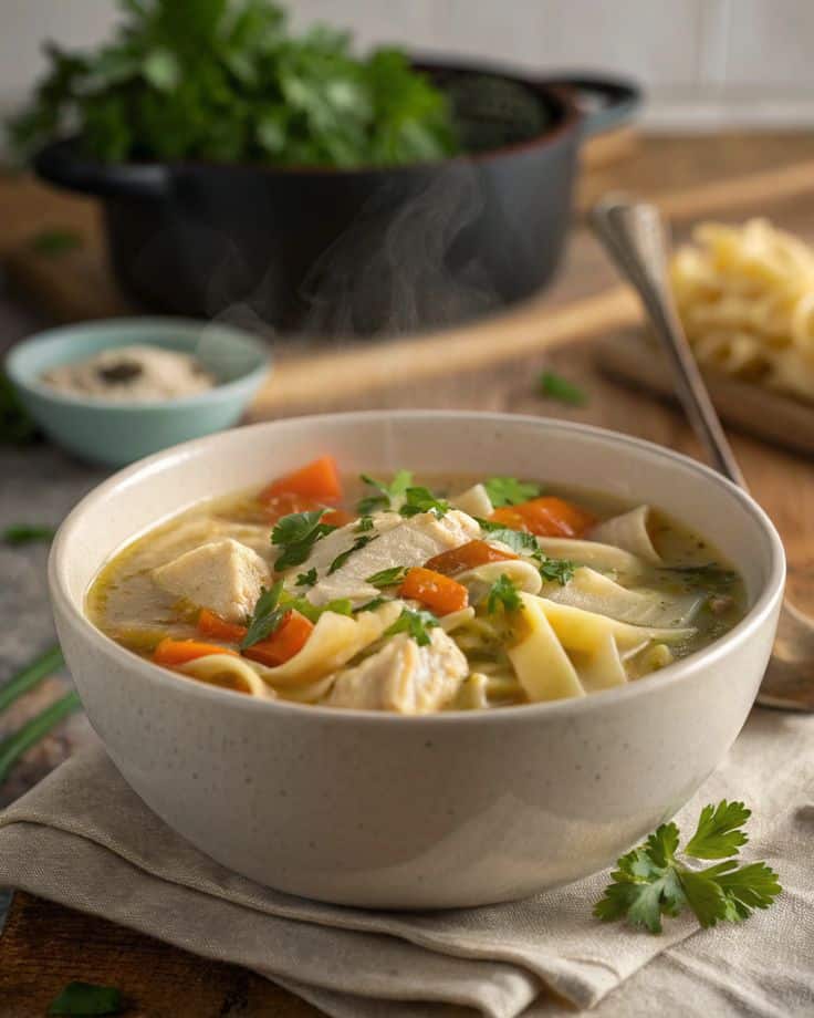 Steaming bowl of homemade chicken noodle soup with carrots and parsley, perfect for a cozy meal.
