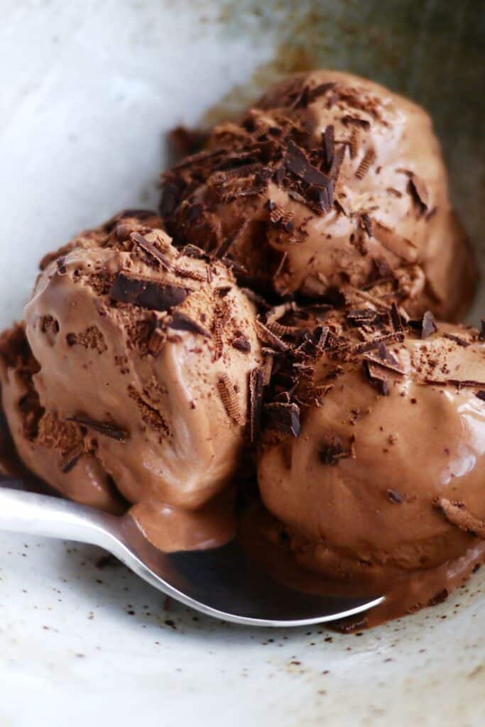 Scoops of creamy chocolate ice cream topped with dark chocolate shavings in a bowl with a spoon.