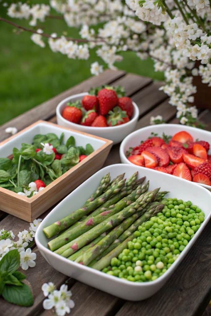 Fresh asparagus, peas, strawberries, and greens in bowls on a wooden table with blooming flowers in the background.