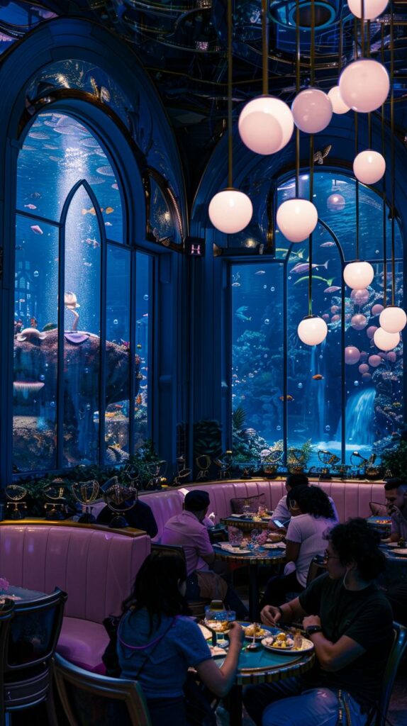 Underwater-themed restaurant dining experience with aquarium views and ambient lighting.