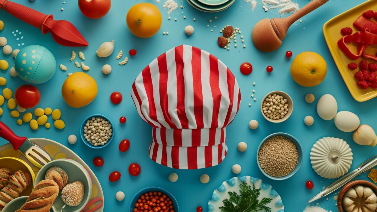 Colorful cooking ingredients and striped chef hat on blue background, featuring fruits, spices, and kitchen utensils.