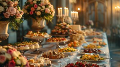 Elegant buffet table with assorted gourmet dishes, floral decorations, and lit candles in a luxurious setting.