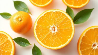 Fresh sliced oranges with green leaves on a light background, highlighting vibrant colors and juicy texture.