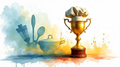 Trophy and chef's hat with cooking utensils and pot, symbolizing culinary excellence and victory.