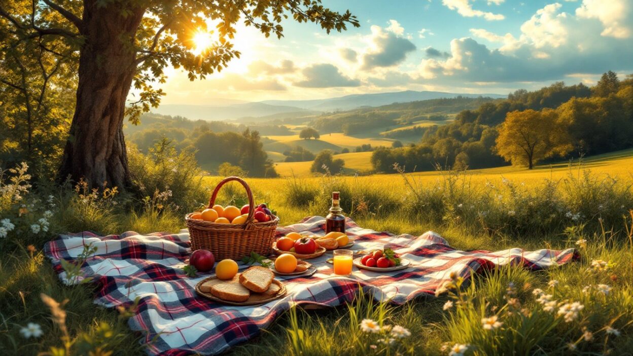 Sunny countryside picnic with fruits, bread, and juice on a plaid blanket under a tree in a scenic meadow.