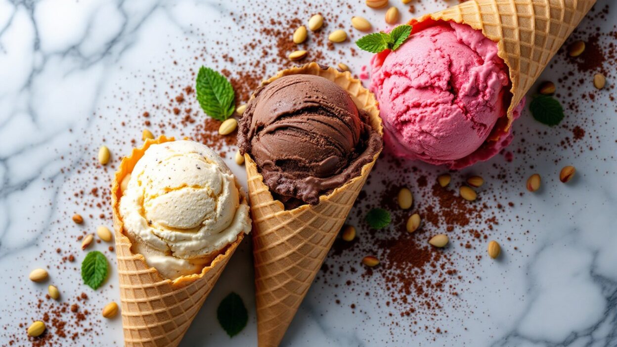 Three waffle cones with scoops of vanilla, chocolate, and strawberry ice cream on a marble surface, garnished with mint.