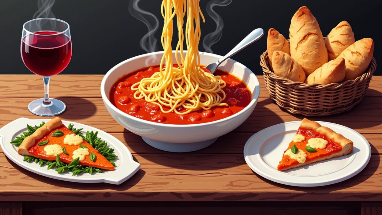 Steaming pasta with tomato sauce, garlic bread, pizza slices, and red wine on a wooden table.