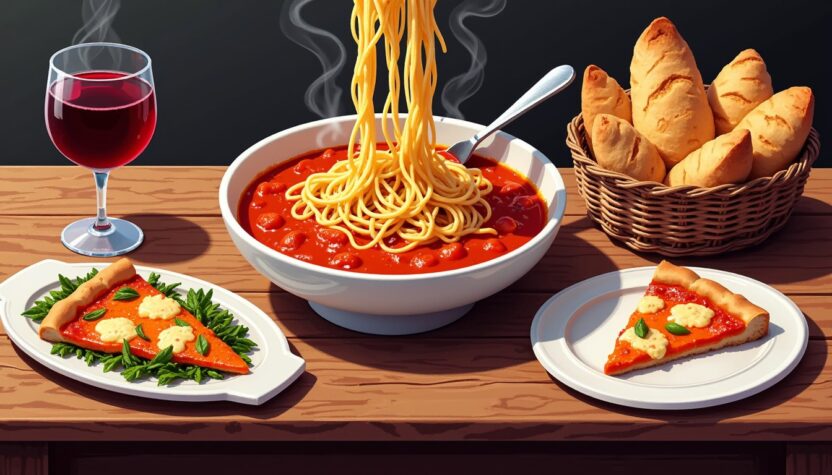 Steaming pasta with tomato sauce, garlic bread, pizza slices, and red wine on a wooden table.