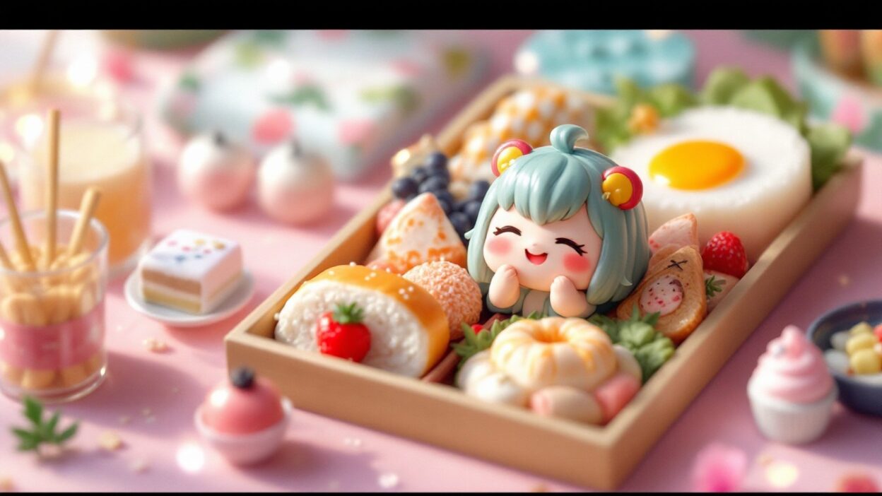 Cute character surrounded by colorful breakfast foods and pastries on a pink background.