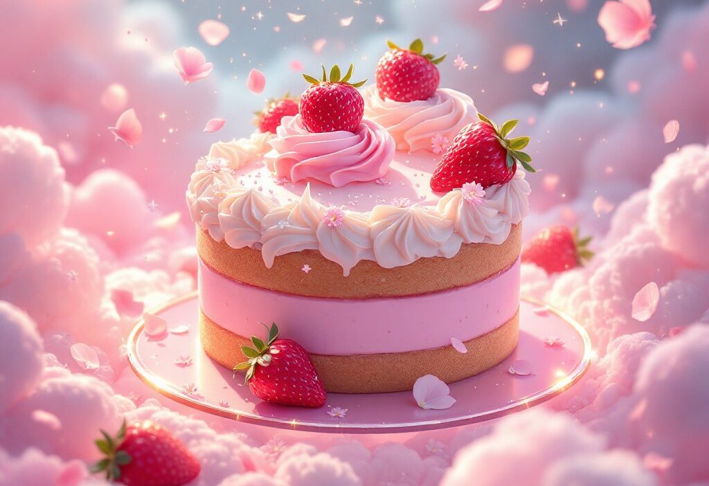 Delicate strawberry cake with pink frosting and fresh strawberries surrounded by clouds and blossoms.