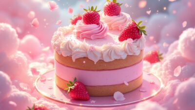 Delicate strawberry cake with pink frosting and fresh strawberries surrounded by clouds and blossoms.