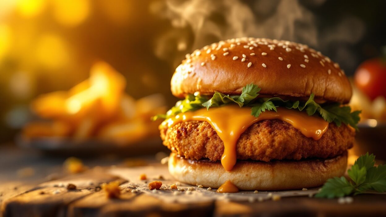 Close-up of a juicy, crispy chicken burger with melted cheese and fresh herbs, served alongside golden fries.