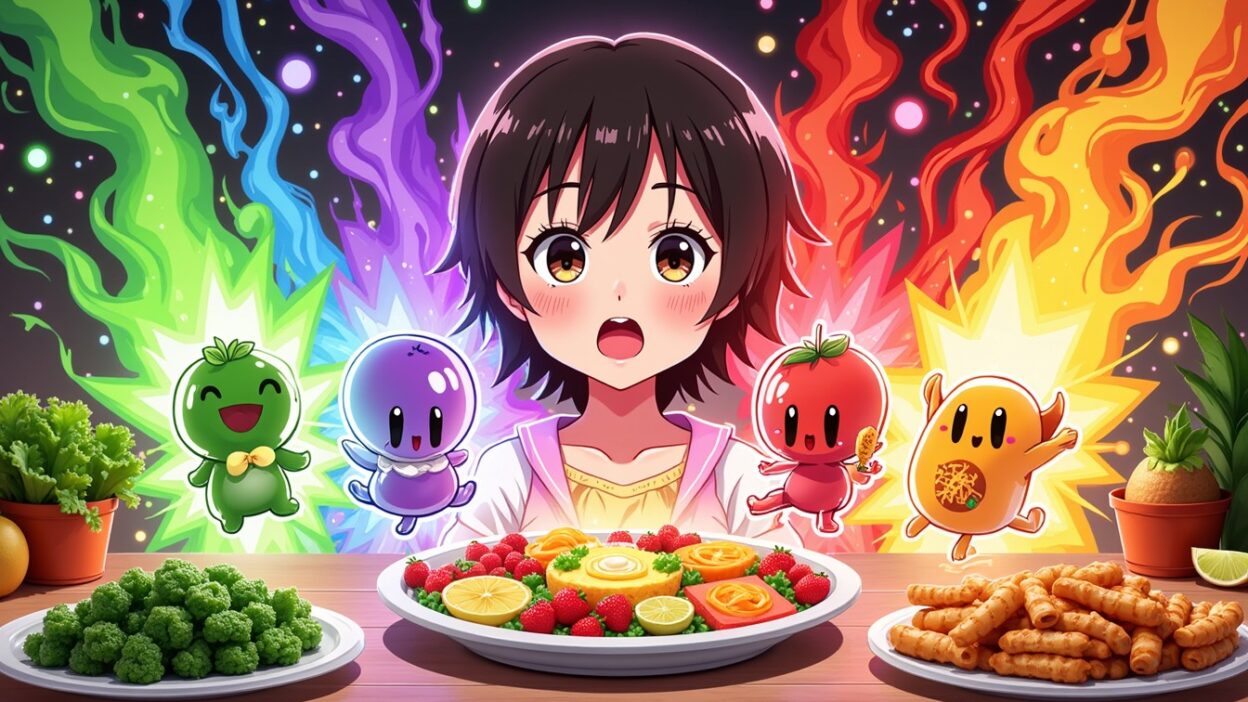 Anime girl surprised by colorful food characters with vibrant dishes.