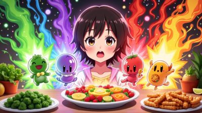 Anime girl surprised by colorful food characters with vibrant dishes.