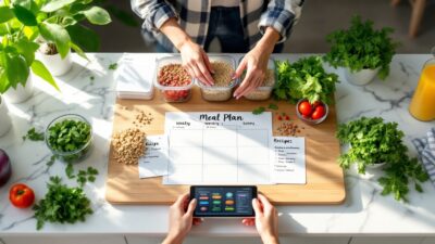 Person planning a healthy meal with fresh ingredients, recipes, and a digital tablet on a bright kitchen counter.
