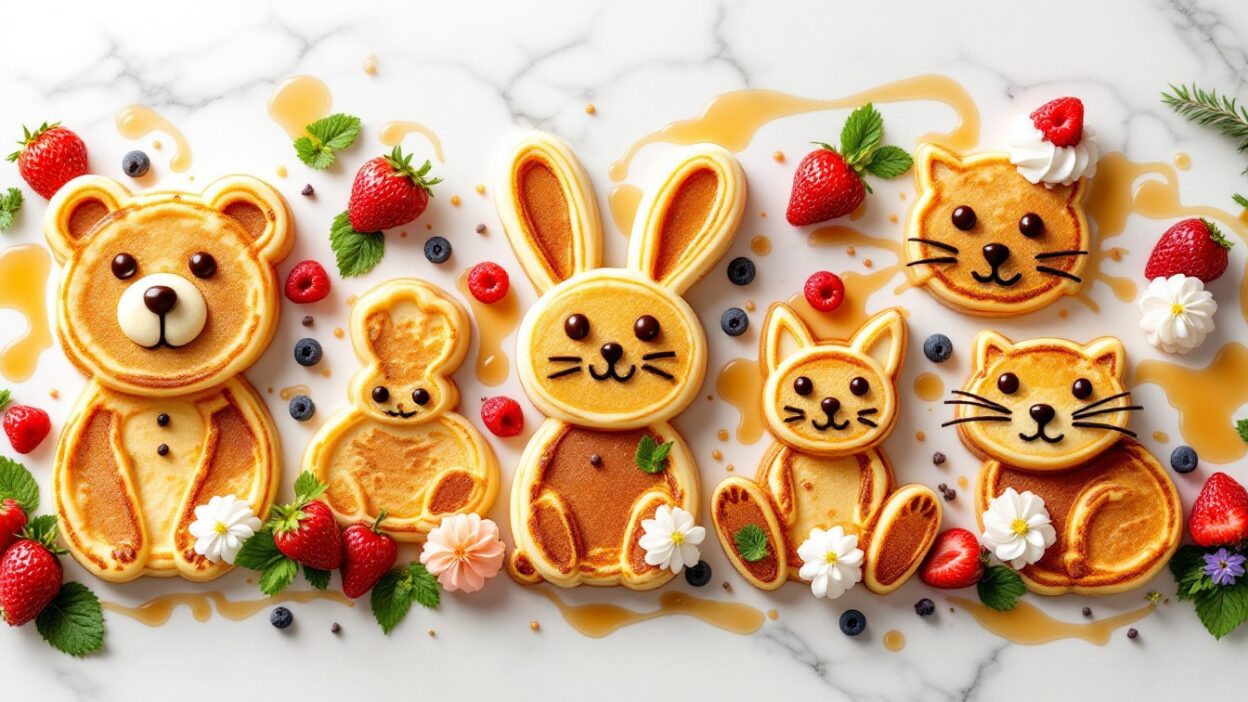 Animal-shaped pancakes with syrup, strawberries, blueberries, and mint leaves on a marble surface.