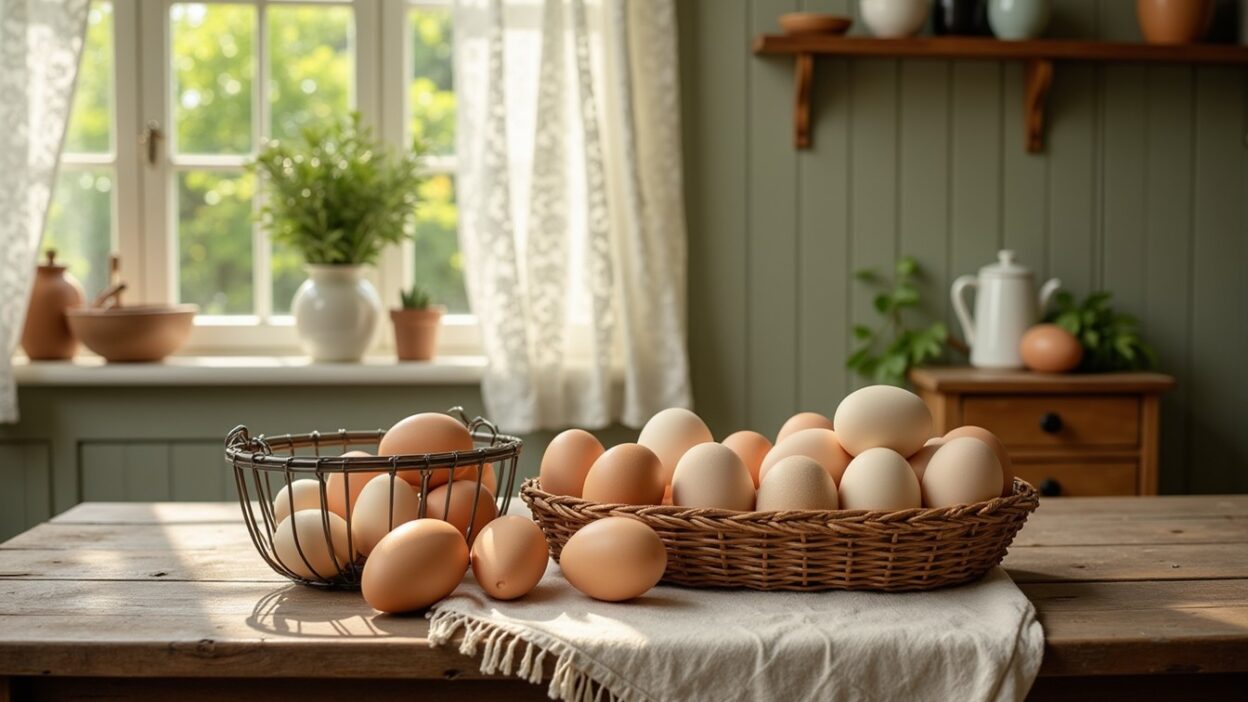 Basket of fresh eggs on a rustic kitchen table by a sunny window, with plants and decor in the background.