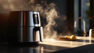 Stainless steel air fryer emitting steam on a kitchen counter, alongside lemons and a cutting board.
