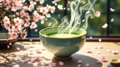 Steaming green tea in a ceramic bowl surrounded by cherry blossoms, evoking a serene Japanese springtime scene.
