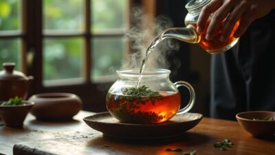 Person pouring hot herbal tea into a clear teapot on a wooden table, surrounded by fresh herbs and pottery.
