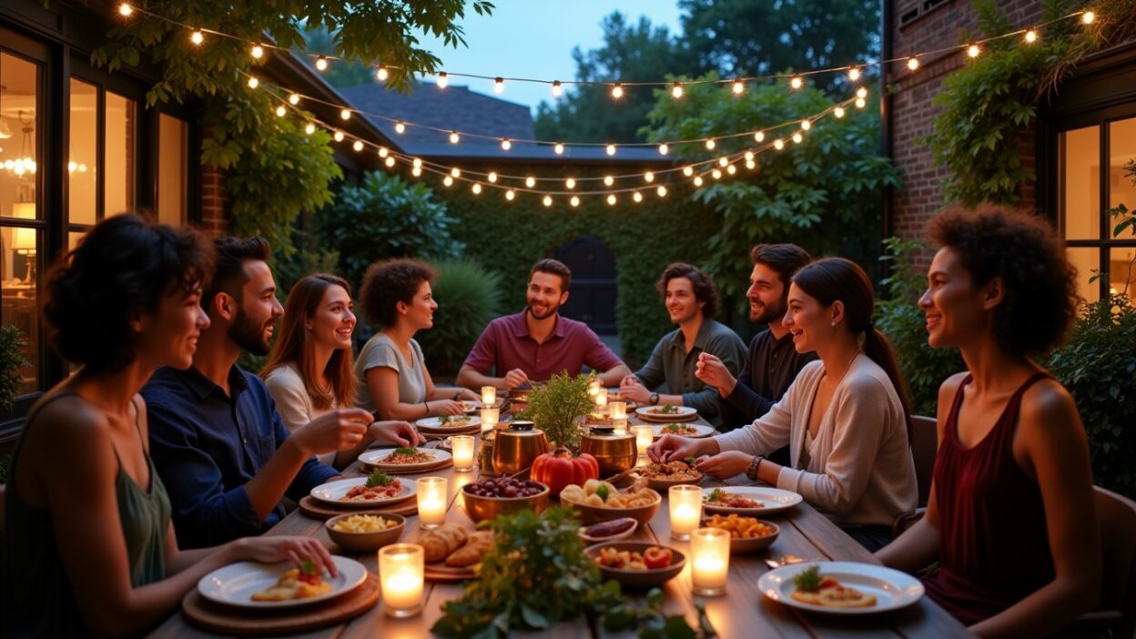 Outdoor dinner gathering with friends, enjoying food under string lights in a cozy backyard setting.