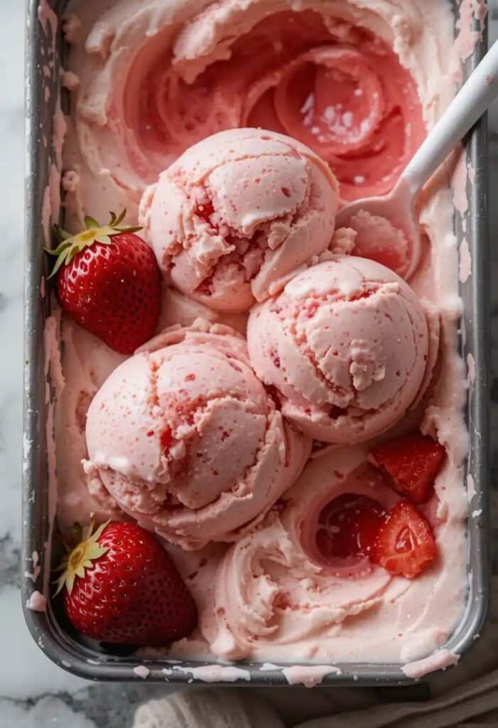 Strawberry ice cream scoops and fresh strawberries in a metal tray, perfect for summer dessert ideas.