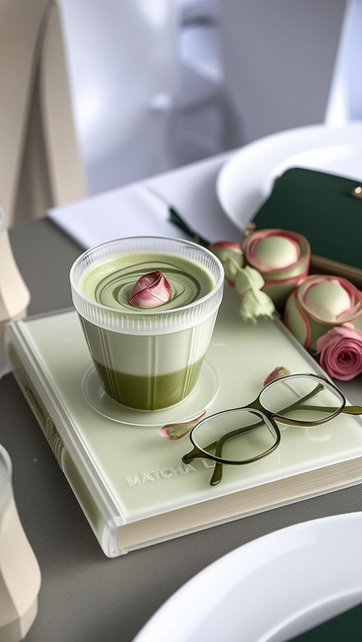 Elegant matcha dessert with a rose garnish, placed on a book with glasses, creating a serene and stylish setup.