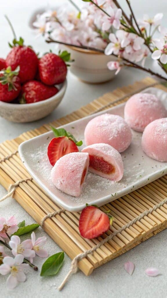 Strawberry mochi on a plate with fresh strawberries and cherry blossoms on a bamboo mat.