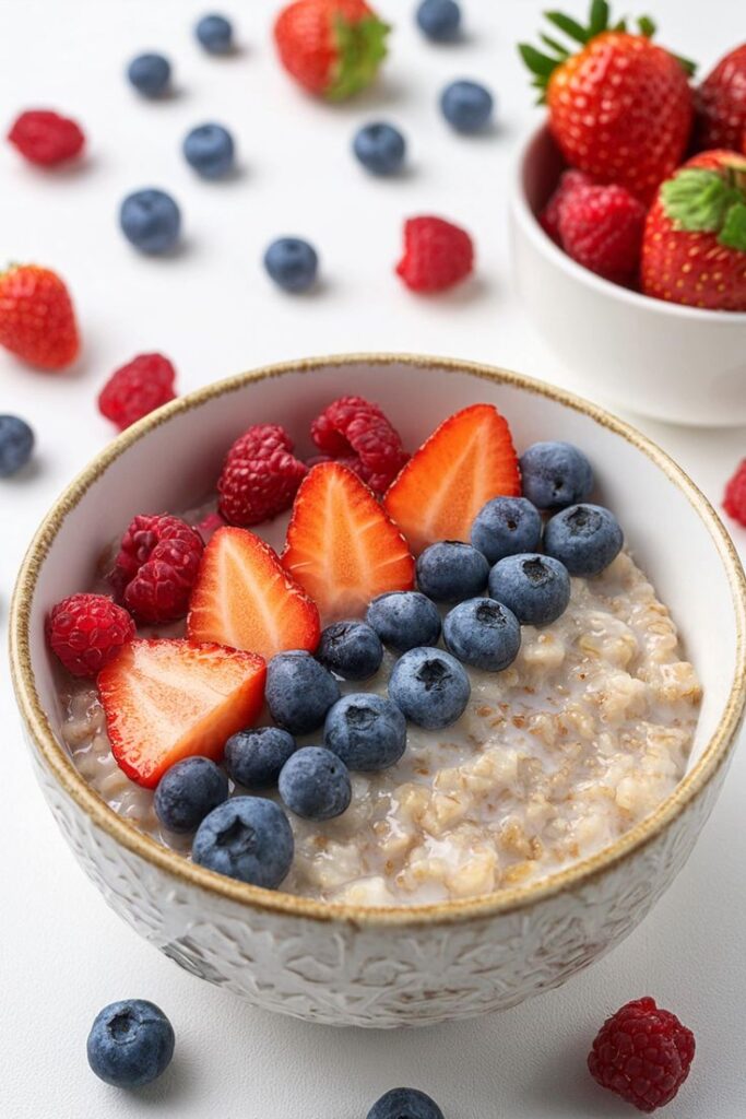 Bowl of oatmeal topped with fresh strawberries, blueberries, and raspberries, surrounded by scattered berries.