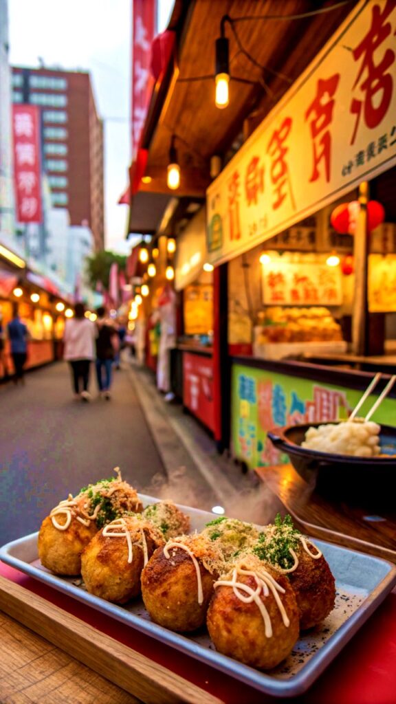 Plate of takoyaki at vibrant night market food stalls, with colorful signs and bustling atmosphere.