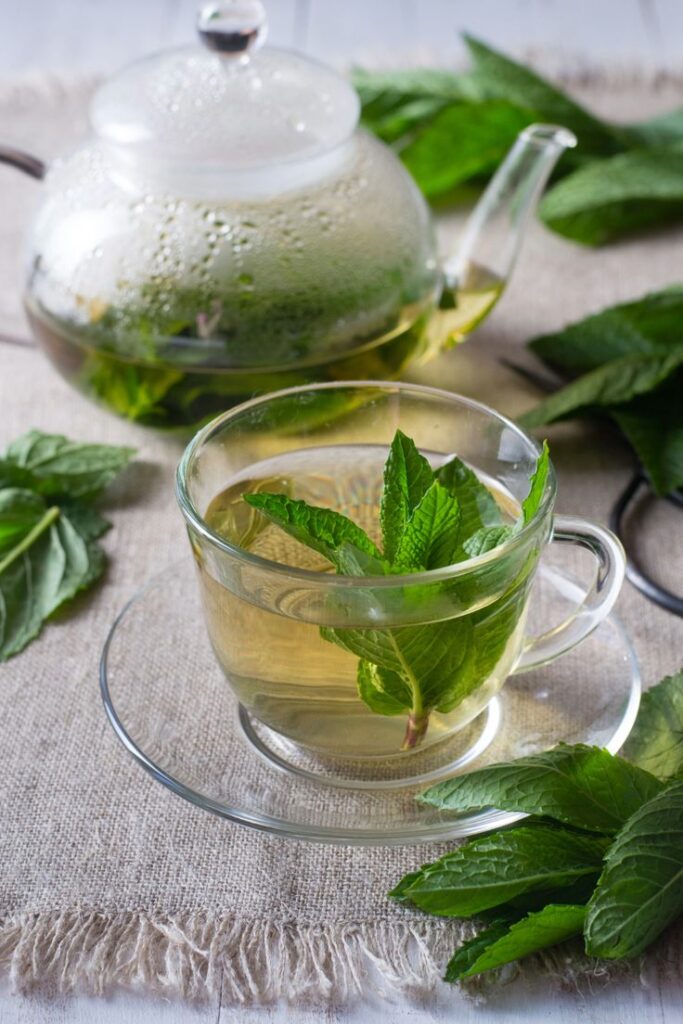 Glass teapot and cup filled with fresh mint tea on a linen cloth, surrounded by mint leaves.